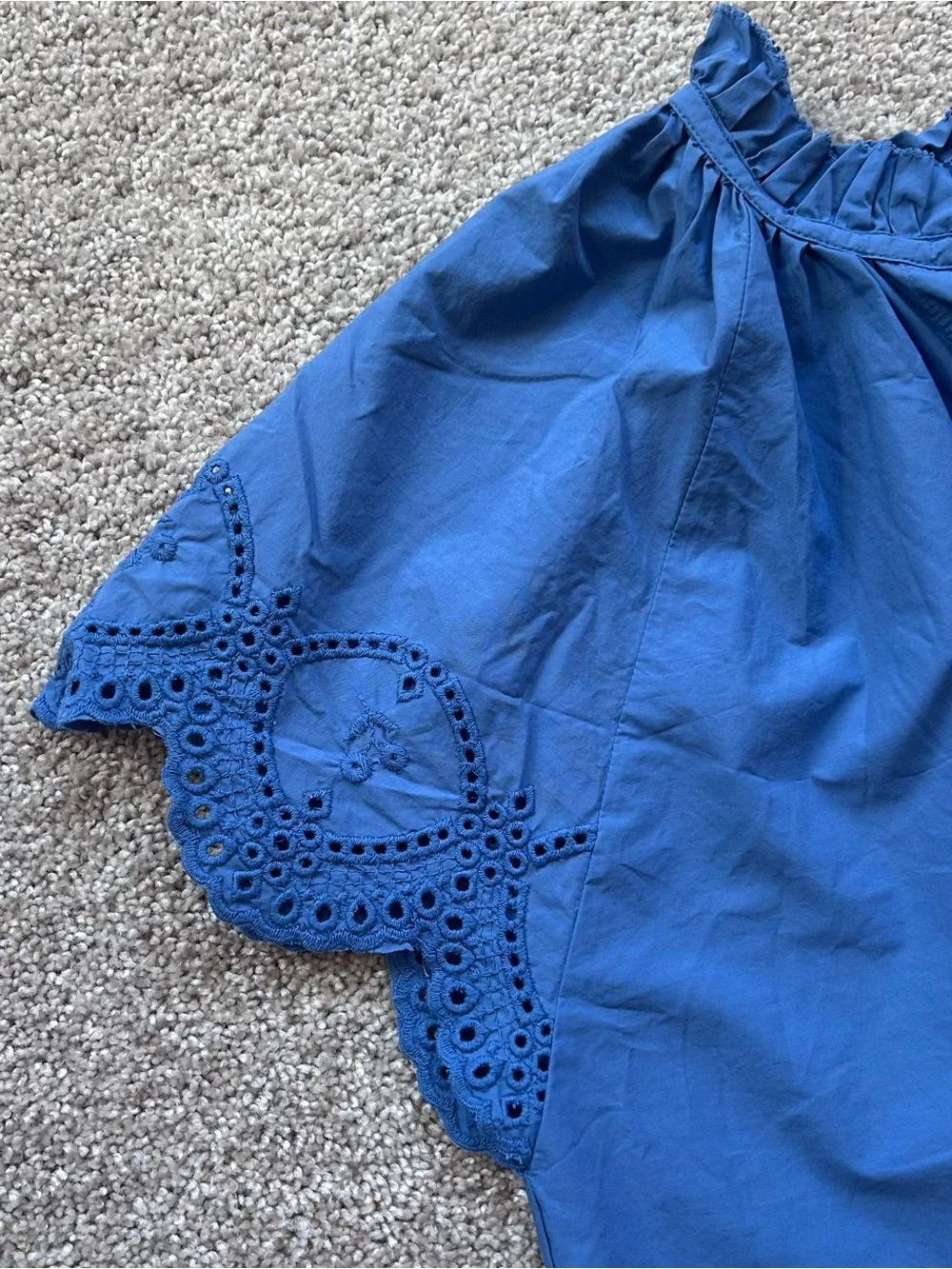 SUNDAYS Blue Eyelet Embroidered Ruffle Neck Top Small (AS IS Tear under arm)